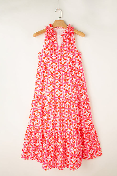 Floral Print Frilly Neck Sleeveless Tiered Maxi Dress
